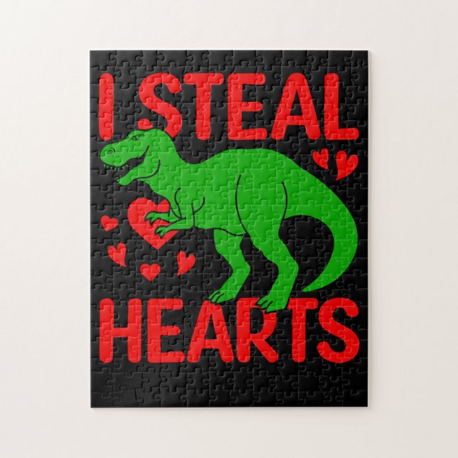 Green Dinosaur Valentine I Steal Hearts Jigsaw Puzzle (Vertical)