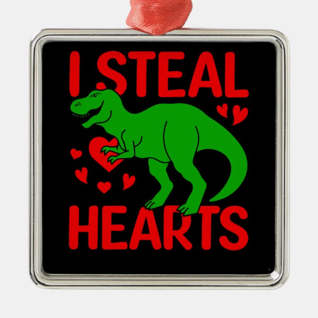 Green Dinosaur Valentine I Steal Hearts Metal Tree Decoration (Front)