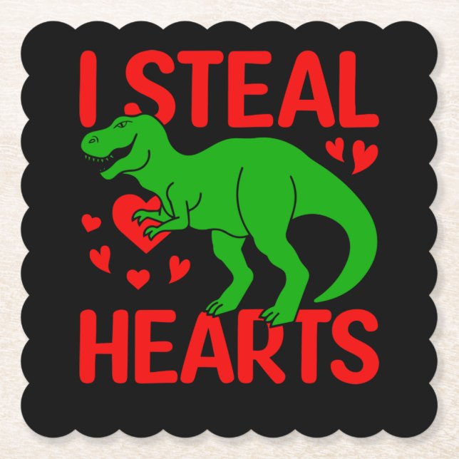 Green Dinosaur Valentine I Steal Hearts Paper Coaster (Front)