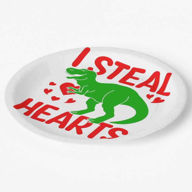Green Dinosaur Valentine I Steal Hearts Paper Plate (Angled)