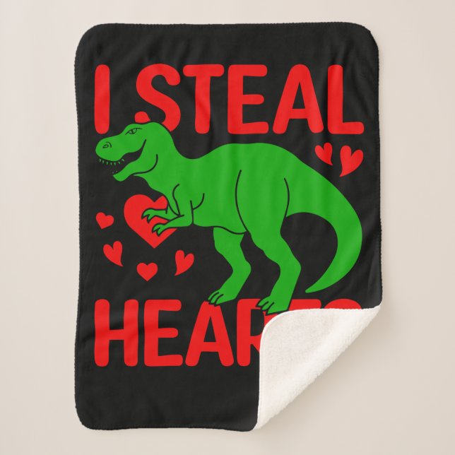 Green Dinosaur Valentine I Steal Hearts Sherpa Blanket (Front)