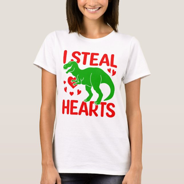 Green Dinosaur Valentine I Steal Hearts T-Shirt (Front)