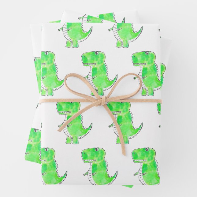 Green Dinosaur Watercolor Drawing Wrapping Paper Sheet (In situ)