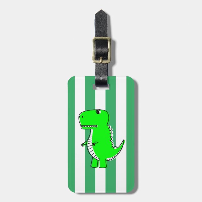 Green Dinosaur White Green Stripes  Luggage Tag (Front Vertical)