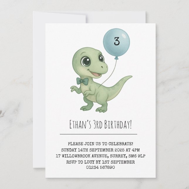 Green Dinosaur with Bow Tie Birthday Invitation (Front)