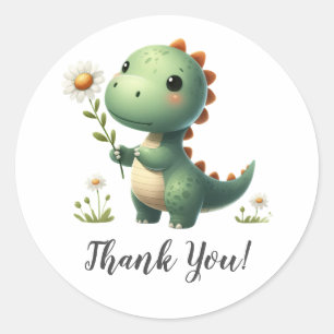 Green Dinosaur with Flower Thank You Classic Round Sticker