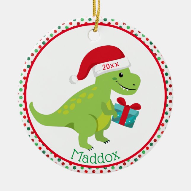 Green Dinosaur with Santa Hat Personalised Ceramic Tree Decoration (Front)