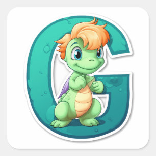 Green Dinosaur with the Letter G Square Sticker