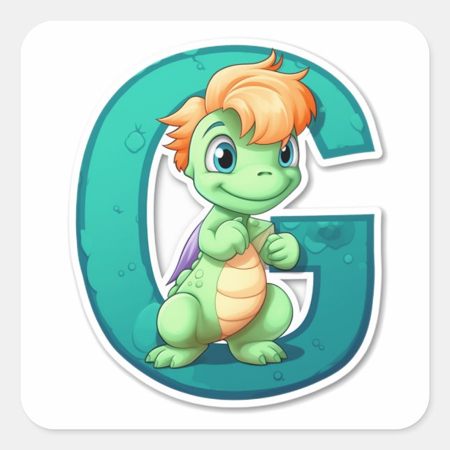 Green Dinosaur with the Letter G Square Sticker (Front)