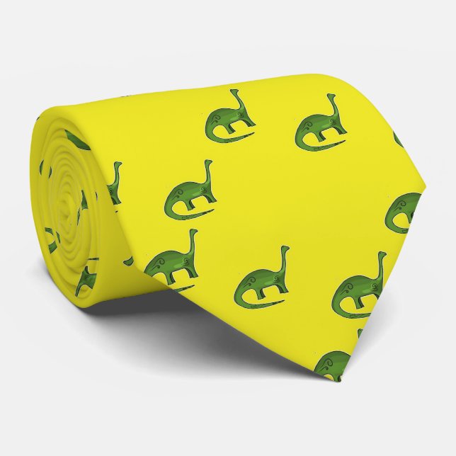 Green dinosaurs on yellow pattern tie (Rolled)