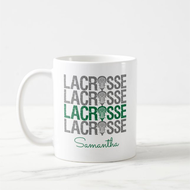 Green Distressed Lacrosse Word Coffee Mug (Left)