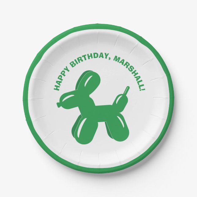 Green Dog Balloon Animal Personalised Party Paper Plate (Front)
