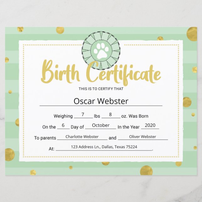 Green Dog Paw Clip Art Puppy Birth Certificate (Front)
