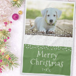 Green Dog Pet Photo Stars Merry Christmas  Tea Towel<br><div class="desc">Custom Green Dog Pet Photo Stars Merry Christmas kitchen towel. The text reads Merry Christmas. Change the photo with your pet - dog or cat or another animal photo. Create your own pet Christmas kitchen towel. Also great with your family photo.</div>