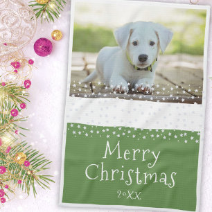 Green Dog Pet Photo Stars Merry Christmas  Tea Towel