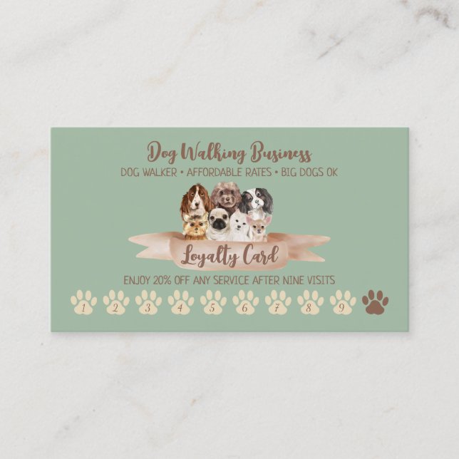 Green Dog Walker Loyalty Discount Paw Business Card (Front)