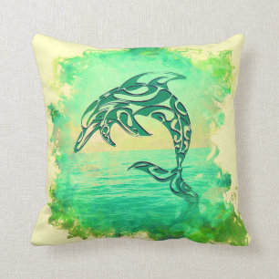 Green Dolphin Laughing and Leaping Cushion