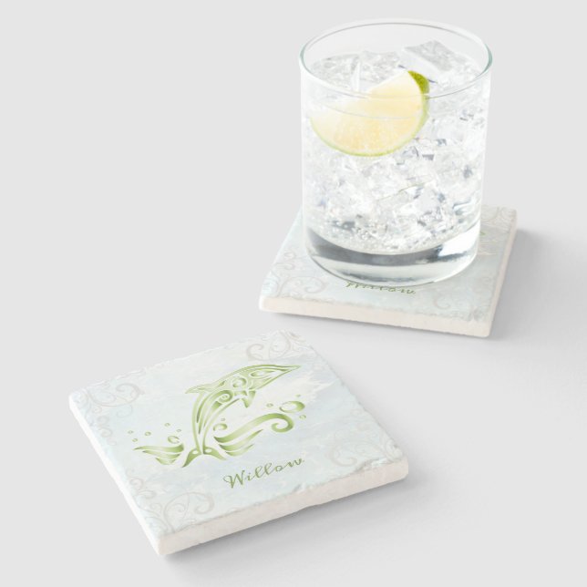 Green Dolphin Personalised Stone Coaster (Side)