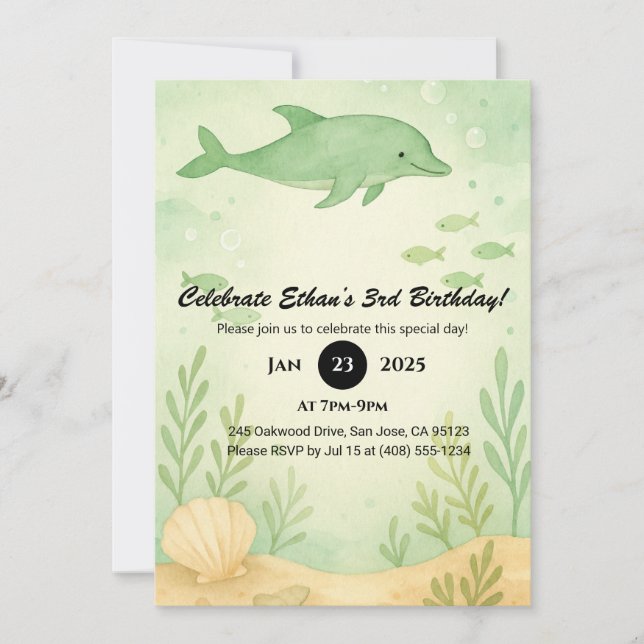 Green Dolphin & Undersea Garden Birthday  Invitation (Front)