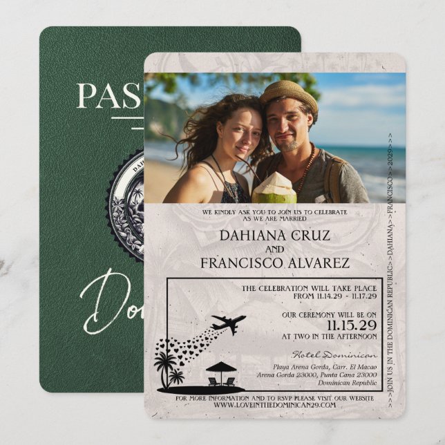 Green Dominican Republic Passport Wedding Invitation (Front/Back)