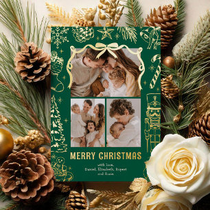 Green Doodle 3 Photo Christmas Gold Foil Holiday Card