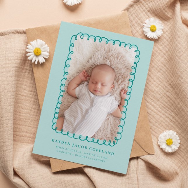 Green Doodle Frame Birth Announcement Photo (Creator Uploaded)
