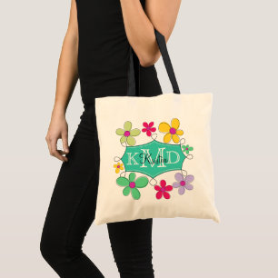 Green Doodle Frame Floral Personalised Monogram Tote Bag