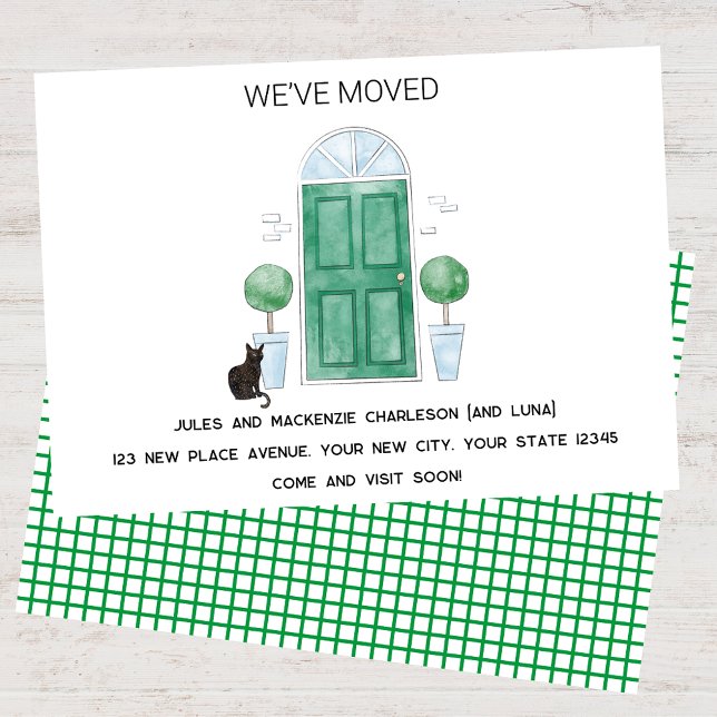 Green Door Cat We Have Moved New Home Announcement (Green door cat watercolor custom text new home we I have moved change of address moving announcement)