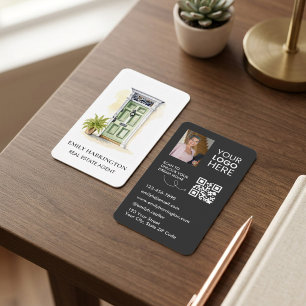 Green Door Watercolor QR Code Real Estate Agent Business Card