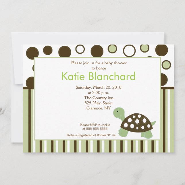 Green Dot Mod Turtle Trendy 5x7 Baby Shower Invitation (Front)
