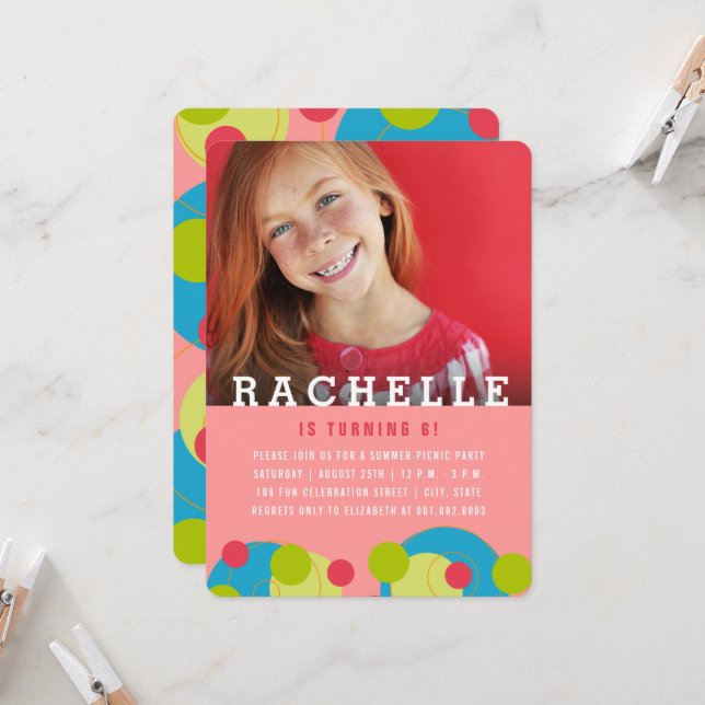 Green Dots Bubbles Kid Photo Girl's Birthday Party Invitation (Front/Back In Situ)