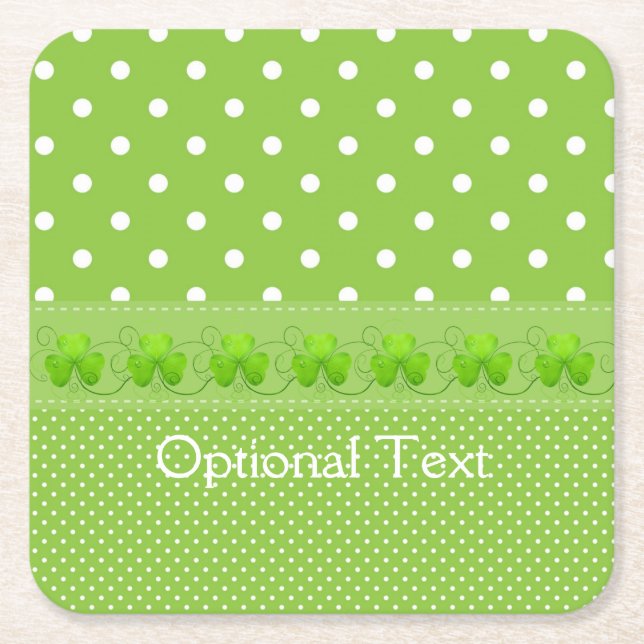 Green, Dots & Shamrocks Square Paper Coaster (Front)