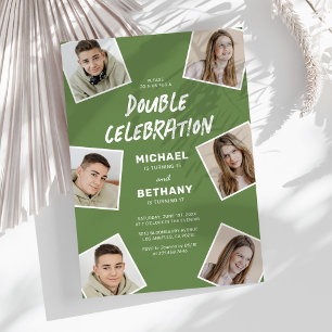 Green Double Birthday Photo Invitation
