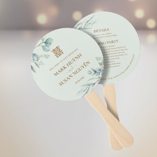 Green Double Happiness Wedding Program & Timeline Hand Fan