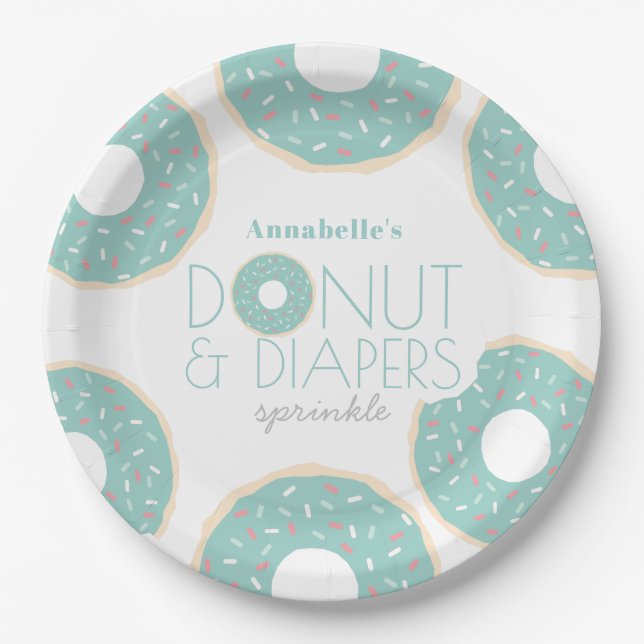 Green Doughnut & Diapers Baby Shower Sprinkle Paper Plate (Front)