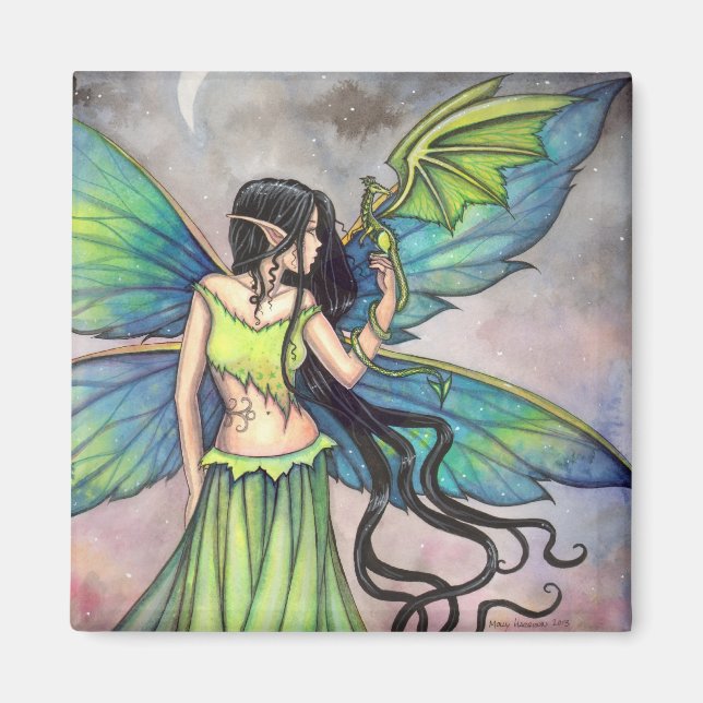 Green Dragon and Fairy Fantasy Art Magnet (Front)