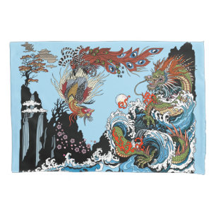 Green dragon and Feng Huang. Illustration Pillowcase