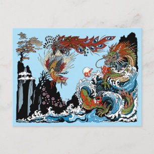 Green dragon and Feng Huang. Illustration Postcard