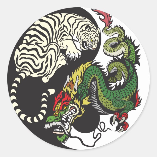 green dragon and white tiger yin yang symbol classic round sticker (Front)