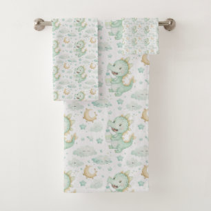 Green Dragon Baby Watercolor Personalized Name  Bath Towel Set