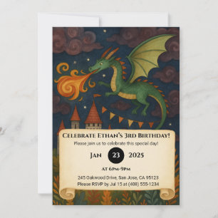 Green Dragon Breathing Fire Over Castle Birthday Invitation