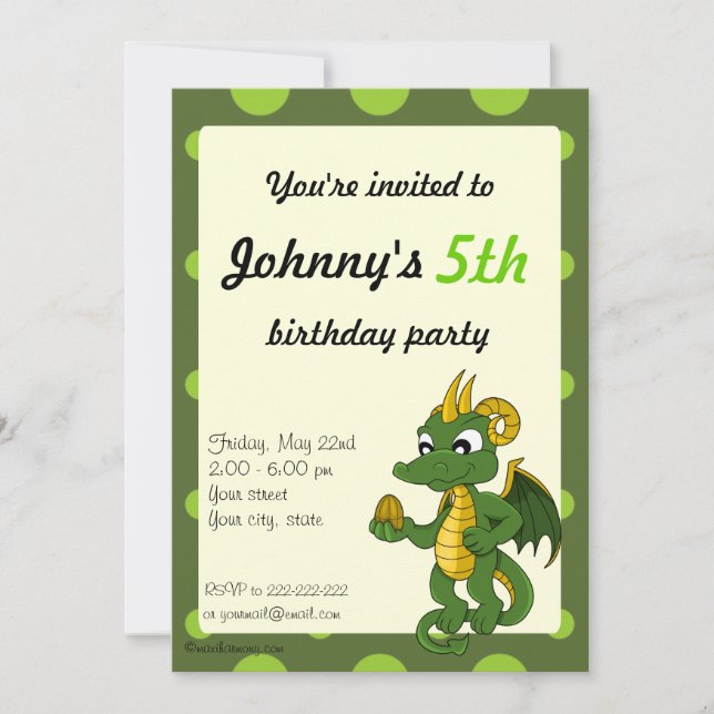 Green dragon cartoon birthday print invitations (Front)