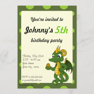 Green dragon cartoon birthday print invitations
