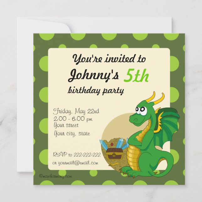Green dragon cartoon birthday print invitations (Front)
