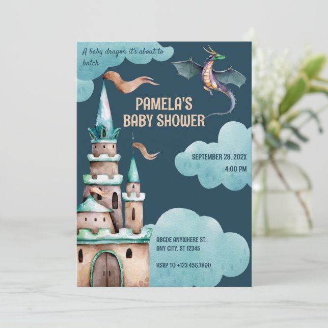 Green Dragon castle baby shower Invitation (Standing Front)