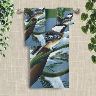 Green Dragon Chickadees Winter Bath Towel Set