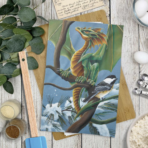 Green Dragon Chickadees Winter Tea Towel