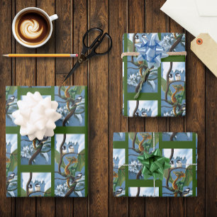 Green Dragon Chickadees Winter Wrapping Paper Sheet