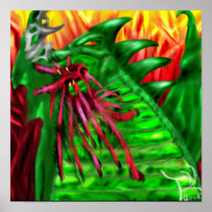 Green Dragon in Flames Fantasy Art Poster