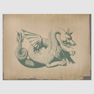 Green Dragon on Distressed Light Tan Decoupage Tissue Paper